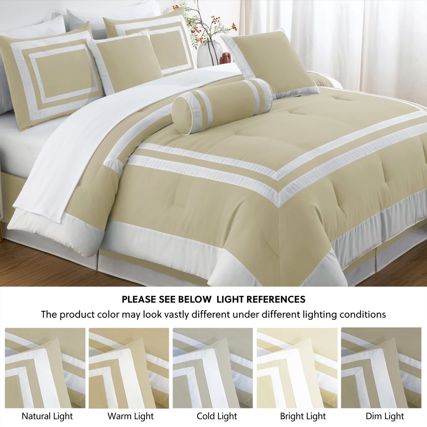 Caprice 7-Piece Modern Hotel Style Square Pattern Comforter Set with Decorative Pillows, Cal King/King/Queen/Full Size