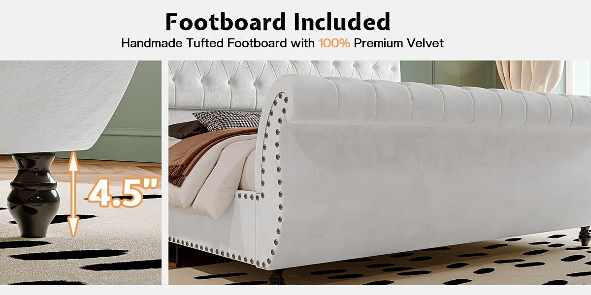 Elegant Velvet Sleigh Bed with Scrolled Headboard & Footboard - Button-Tufted, No Box Spring Needed