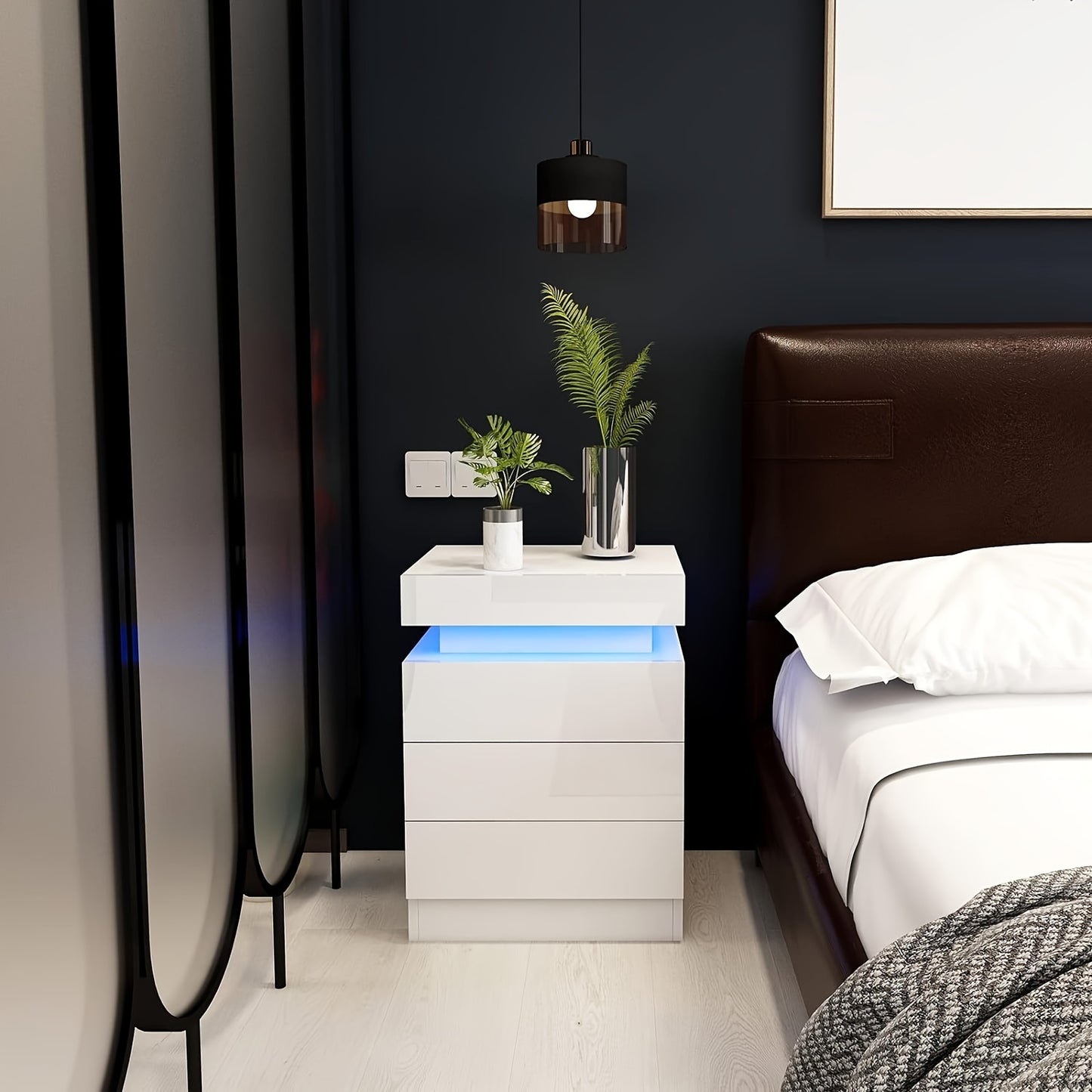 Nightstand with LED Lights, 3 Drawers and 1 Flapping Top Storage Box, White Night Stand for Bedroom, Modern Tall Bedside Table with High Gloss Panel, Glacier White, Darknight Black