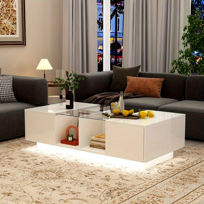 47.4" W Coffee Table with Storage, High Gloss Coffee Table with LED Lighting, Cocktail Table