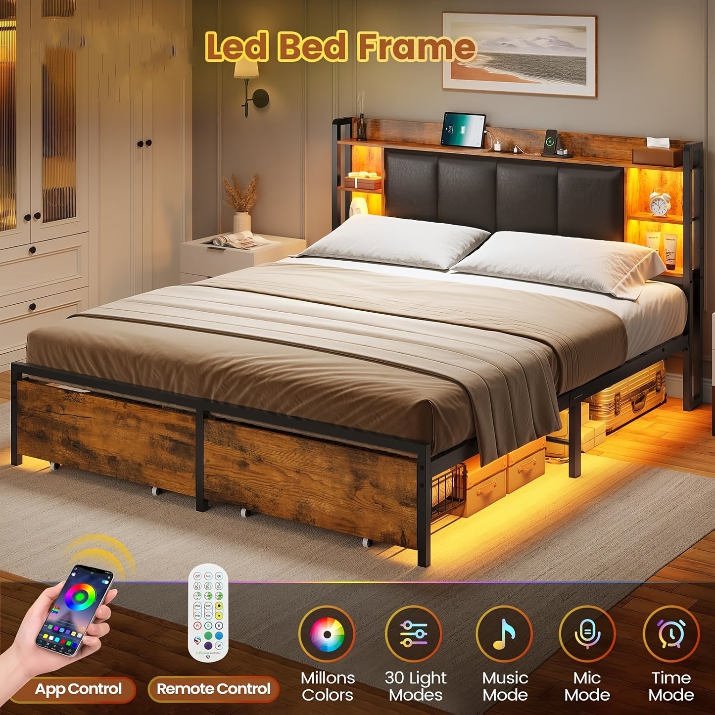 Queen Size Bed Frame with LED Lights, Modern Platform Bed Frame with 2 Storage Drawers and Headboard (Rustic Brown)