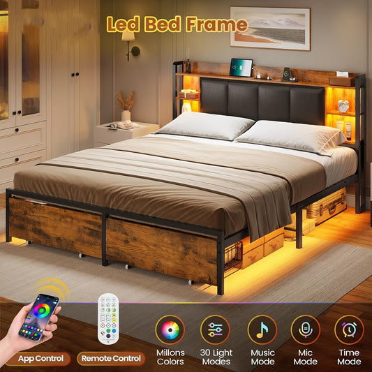 Queen Size Bed Frame with LED Lights, Modern Platform Bed Frame with 2 Storage Drawers and Headboard (Rustic Brown)