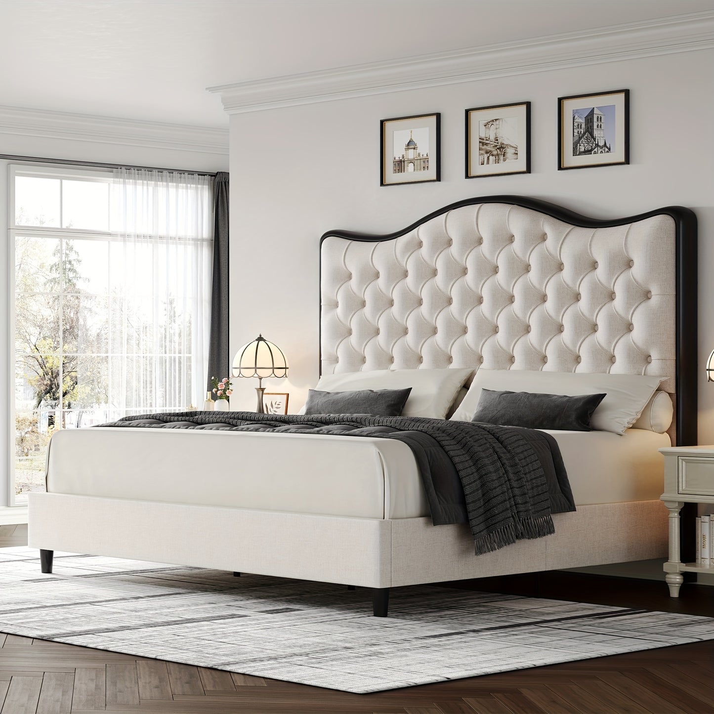 FULTRU Queen/King Size Bed Frame, 55" Tall Platform Bed with Curved Headboard, Velvet/Leather Upholstered Bed with Deep Tufted Button, Handmade Pleats, Gold/Black Metal Frame, Wooden Slats Support, No Box Spring Needed