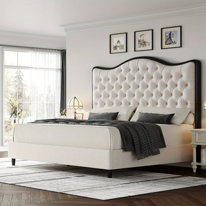 FULTRU Queen/King Size Bed Frame, 55" Tall Platform Bed with Curved Headboard, Velvet/Leather Upholstered Bed with Deep Tufted Button, Handmade Pleats, Gold/Black Metal Frame, Wooden Slats Support, No Box Spring Needed