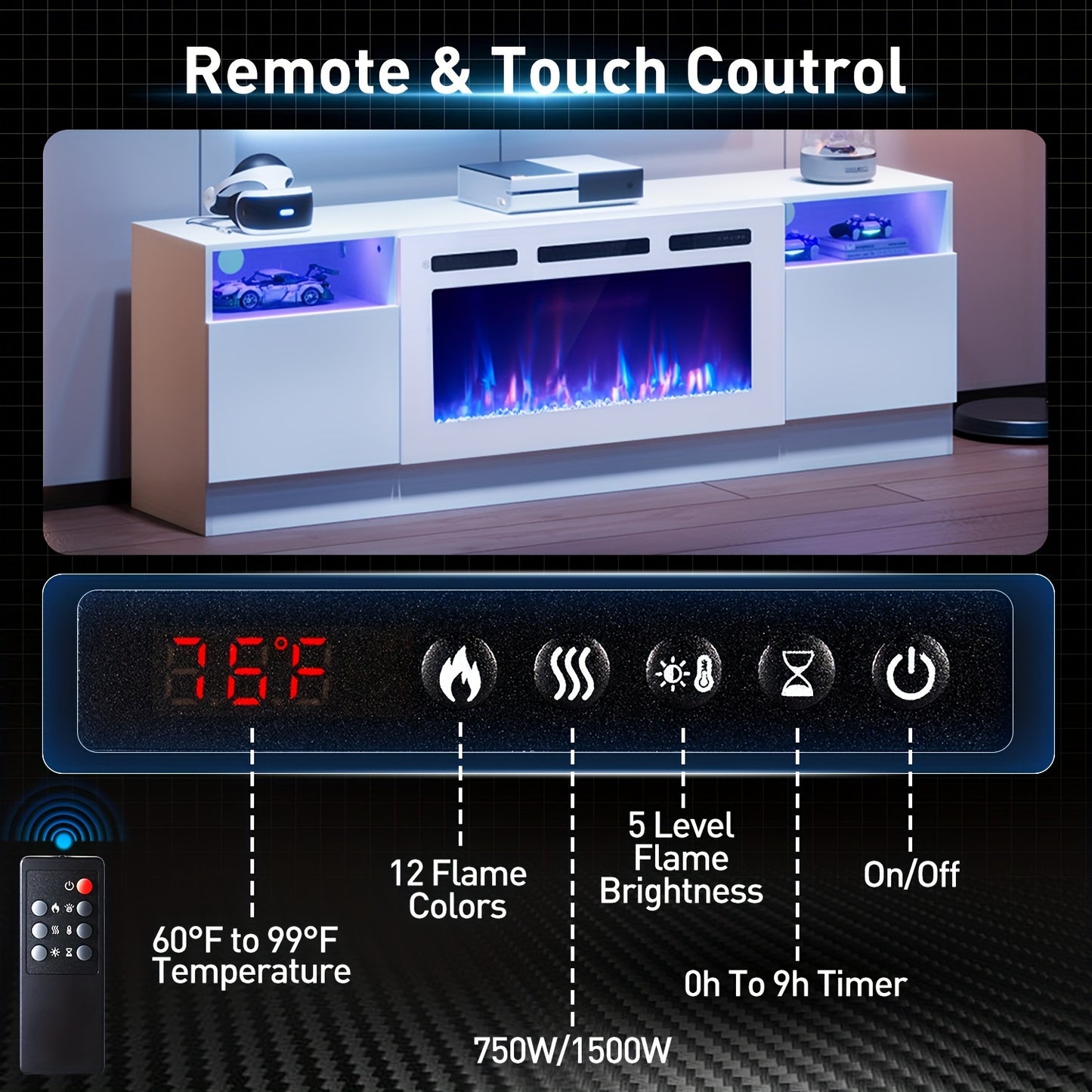 Fireplace TV Stand With 36" Electric Fireplace, Modern Electric Fireplace Entertainment Center With LED Lights For TVs Up To 80", 2 Tier TV Console Cabinet For Living Room, White