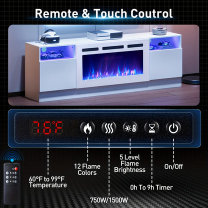 Fireplace TV Stand With 36" Electric Fireplace, Modern Electric Fireplace Entertainment Center With LED Lights For TVs Up To 80", 2 Tier TV Console Cabinet For Living Room, White