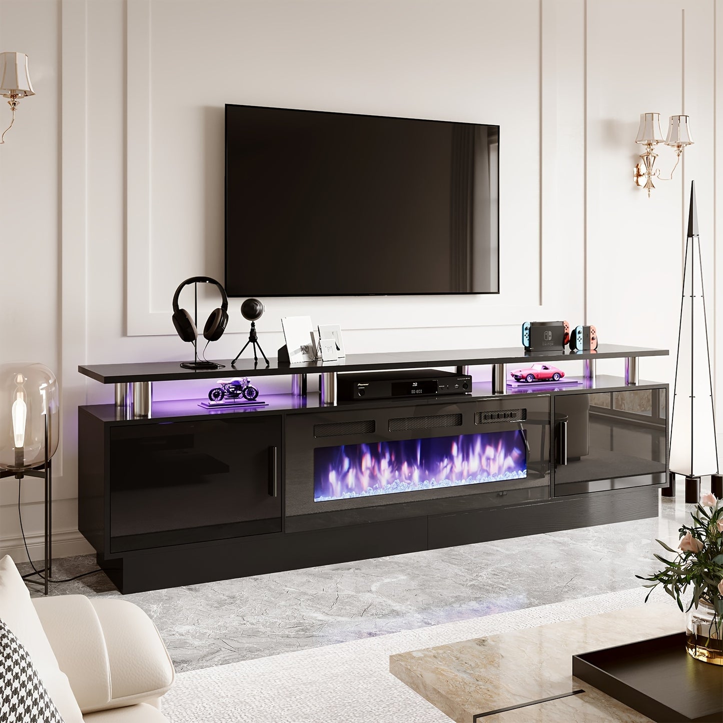 70"/80" Modern Electric Fireplace TV Stand For TVs Up To 80 Inch, With Electronic Flame And LED Lights, Luxury High Gloss Finish Entertainment Center For Living Room, Black