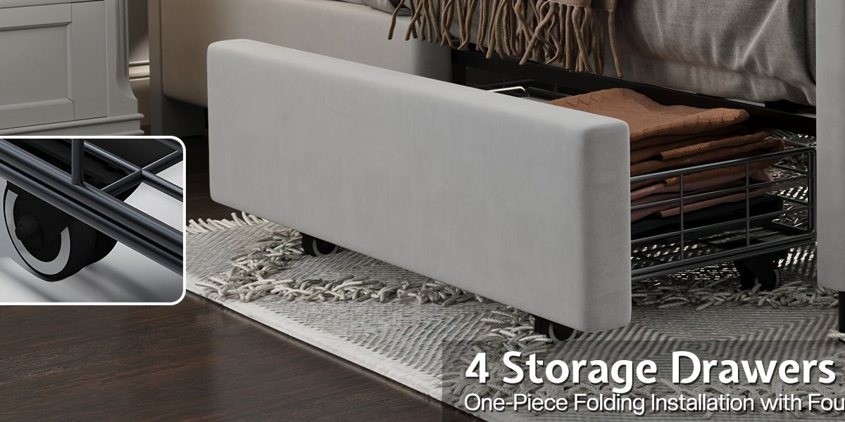 LUXOAK Queen Size LED Platform Bed Frame with Upholstered Design, Includes 4 Storage Drawers, Adjustable Headboard with Vertical Channels, No Box Spring Needed