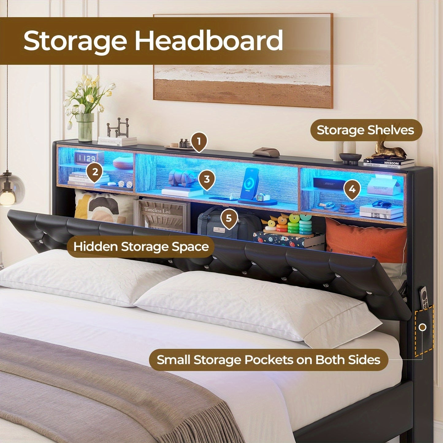 King Size Floating Bed Frame with LED Lighting and Tufted Upholstered Headboard, Hidden Storage, Plug Powered, Metal Construction, Contemporary Style, No Box Spring Needed, US Plug, Black PU