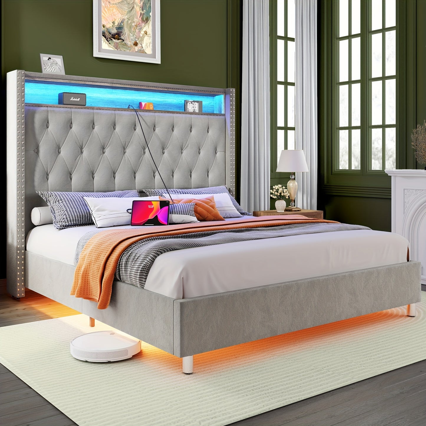 PaPaJet LED Bed Frame with Charging Ports Velvet Upholstered Bed Frame with Button Tufting Headbord