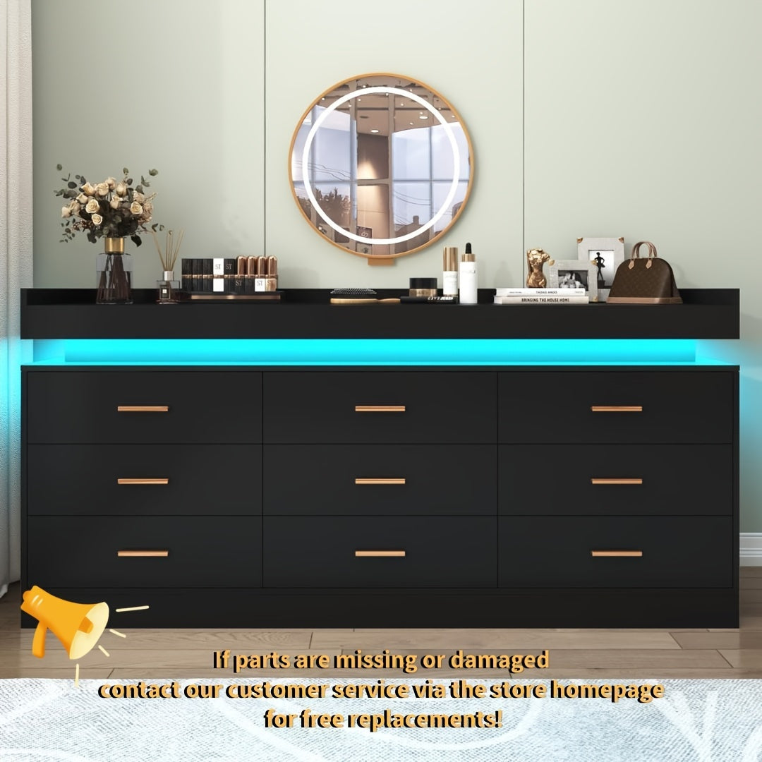 9 Drawer Dresser With LED Light, Modern Chest Of Drawers For Closet, Wide Drawer Organizer Cabinet For Bedroom, Living Room, Entryway, Hallway (9 Drawer White) Black