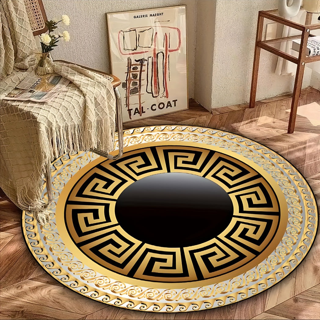 1pc Golden And Black New Chinese Pattern Round Rug, Non-slip Machine Washable Rug, Coffee Table Floor Mat, Bar Decor Rug, Bedroom, Living Room, Dining Room Rug, Room Decor, Home Decor