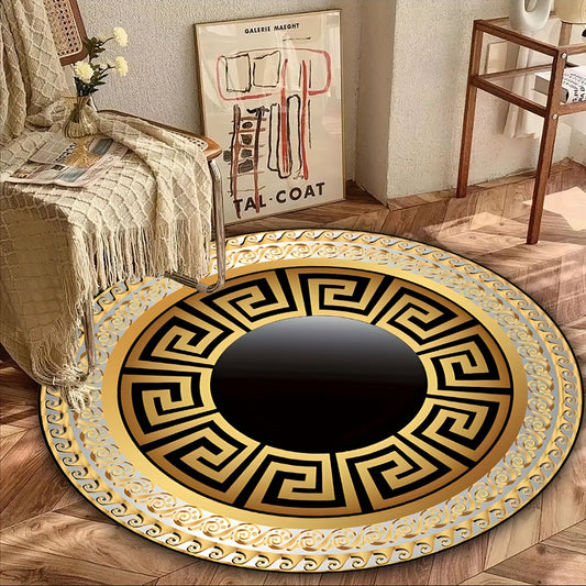 1pc Golden And Black New Chinese Pattern Round Rug, Non-slip Machine Washable Rug, Coffee Table Floor Mat, Bar Decor Rug, Bedroom, Living Room, Dining Room Rug, Room Decor, Home Decor