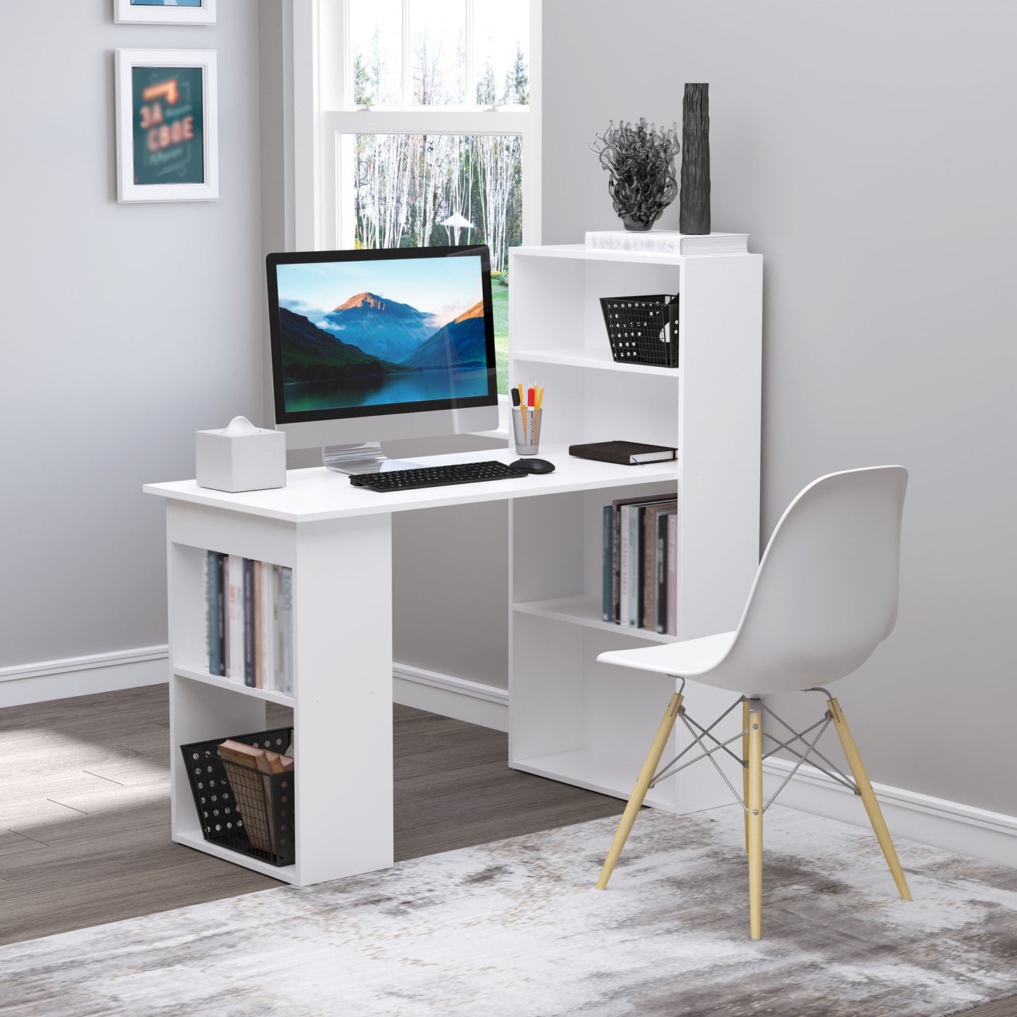 HOMCOM Modern Home Office Desk with 6-Tier Storage Shelves, 47" Writing Table with Bookshelf