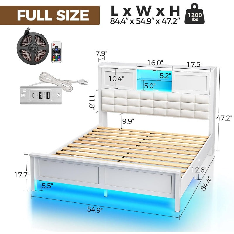 Greenstell Bed Frame Twin/Full/Queen Size with Charging Station, Bookcase Headboard Bed with LED Light and Sliding Doors, Platform Bed with Wooden Slats, No Box Spring Needed, Noise Free