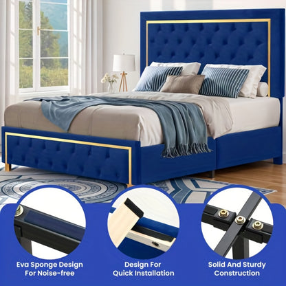 IndustraGear Queen Size Bed Frame with 51. 52Inch Tall Button Tufted Headboard, Velvet Upholstered Platform Bed Frame with Golden Trim, Modern Bed Frame/ No Box Spring Required/ Blue