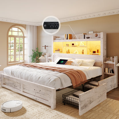 PAPABABE Bed Frame Featuring a 49.6-Inch Bookcase Headboard, Four Drawers, And Two Removable Storage Racks - a Farmhouse-Style Wooden Bed Frame Equipped with RGB LED Lights And a Charging Station, No Box Spring Required.