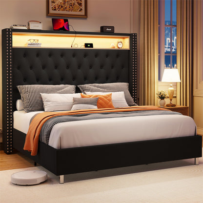 PaPaJet LED Velvet Bed Frame With Tall Deep Button Tufted Wingback Headboard, Effortless Assembly, No Box Spring Needed