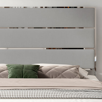 A Velvet Upholstered Platform Bed Frame comes with a 59" Tall Headboard and Footboard, emphasized by Silver Mirrored Plating - and a Box Spring is not necessary