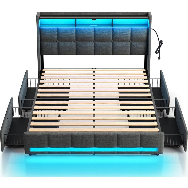 Twin Full Queen Bed Frame with LED Lighting, Built-in Charging Station, have RemotePU Leather/neutral-toned linen fabric Storage Headboard & Drawers,Heavy Duty Wood Slats, Quick & Easy Assembly - Perfect for Bedroom Furniture