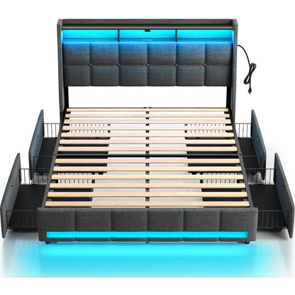 Twin Full Queen Bed Frame with LED Lighting, Built-in Charging Station, have RemotePU Leather/neutral-toned linen fabric Storage Headboard & Drawers,Heavy Duty Wood Slats, Quick & Easy Assembly - Perfect for Bedroom Furniture