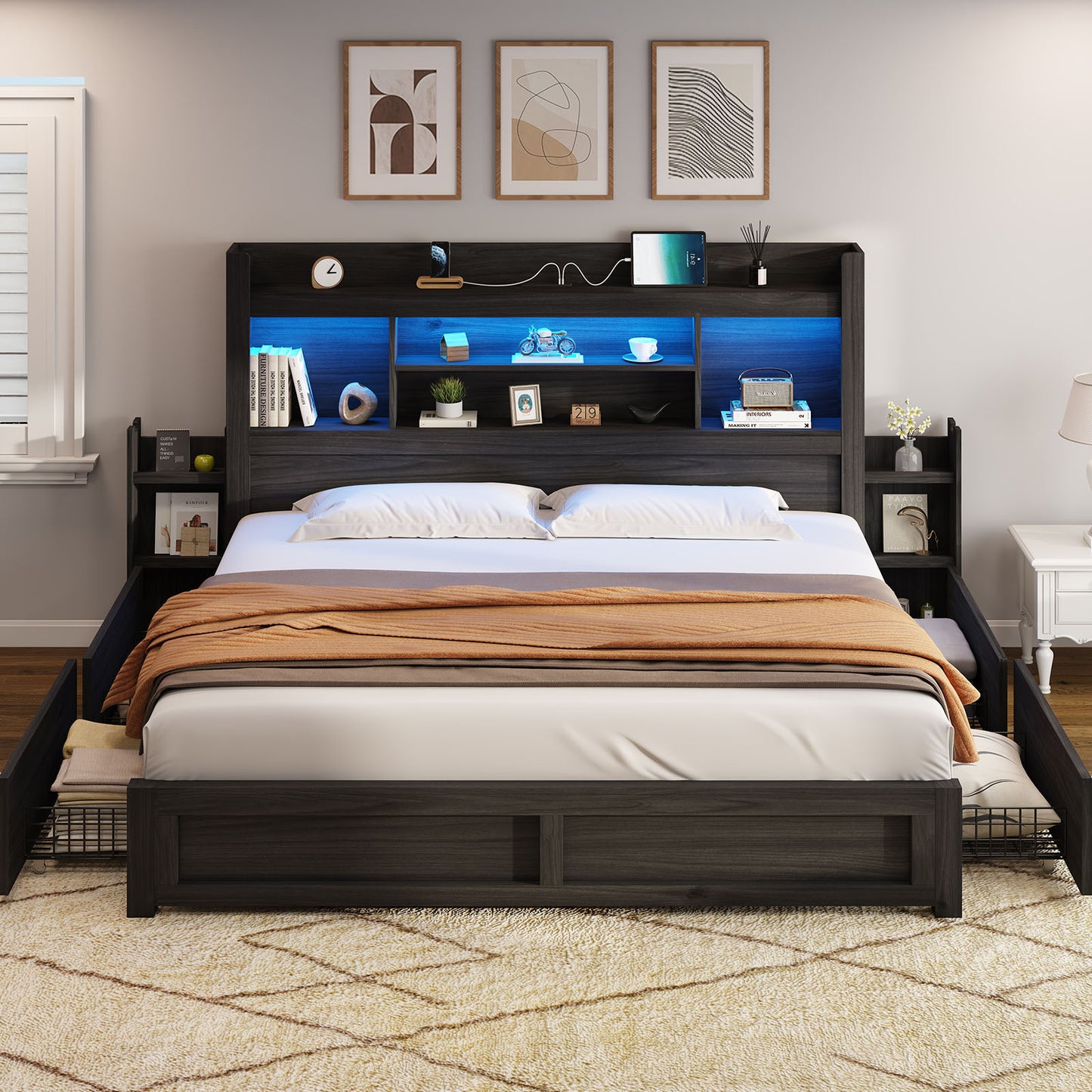 PAPABABE Bed Frame Featuring a 49.6-Inch Bookcase Headboard, Four Drawers, And Two Removable Storage Racks - a Farmhouse-Style Wooden Bed Frame Equipped with RGB LED Lights And a Charging Station, No Box Spring Required.