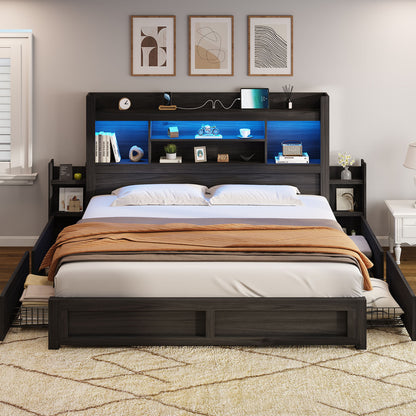 PAPABABE Bed Frame Featuring a 49.6-Inch Bookcase Headboard, Four Drawers, And Two Removable Storage Racks - a Farmhouse-Style Wooden Bed Frame Equipped with RGB LED Lights And a Charging Station, No Box Spring Required.