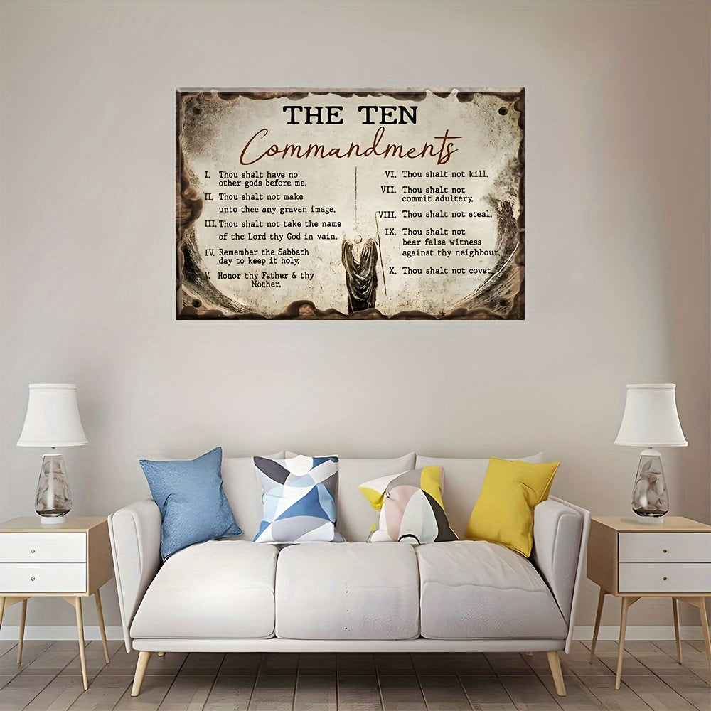 1pc Decorative Patterns On Office Supplies Retro Canvas Walls Jesus Painting Wooden Background The Ten Commandments Wall Art Canvas Motivational Wall Decor - Ready to Hang