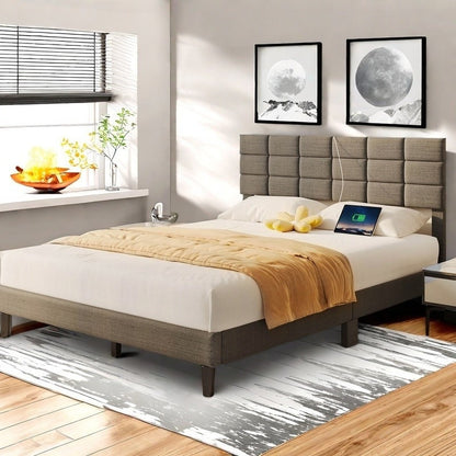 Twin/Full/Queen/King Size Platform Bed Frame with Fabric Upholstered Headboard and Wooden Slats Support, Leather Upholstered Headboard, and Built-in Charging Station, Upholstered Mattress Foundation/No Box Spring Needed/Easy