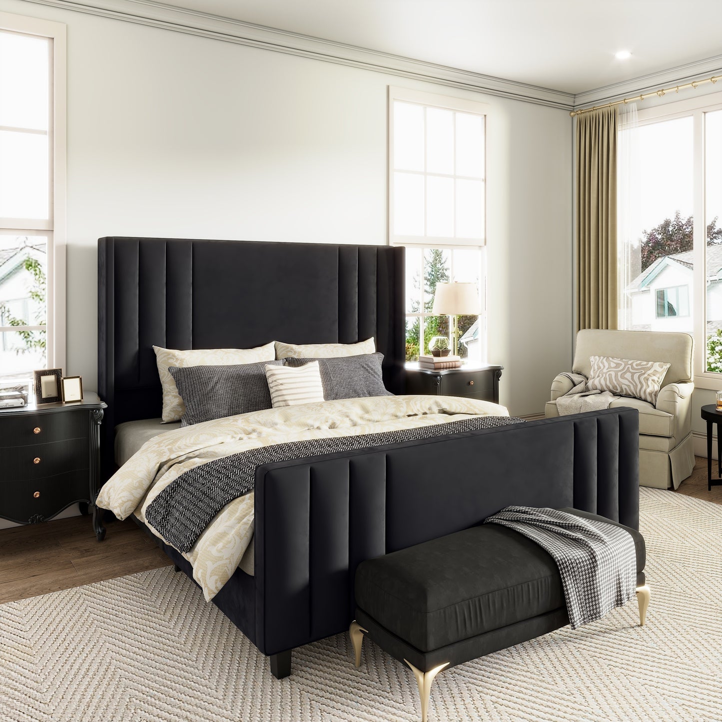 King Velvet Upholstered Platform Bed Frame with Vertical Channel Tufted Headboard and Footboard/Wingback, Mattress Foundation with Wood Slats Black