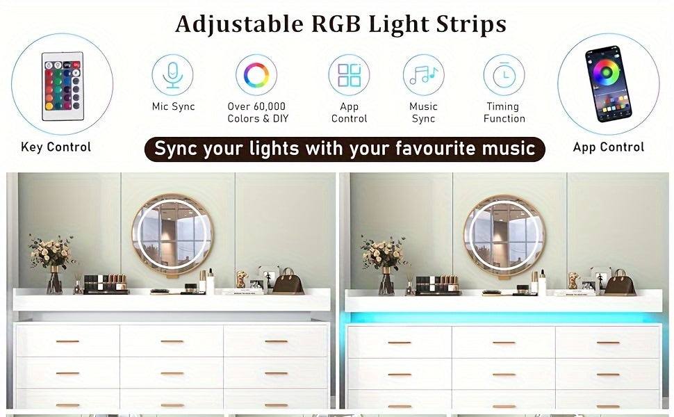 9 Drawer Dresser With LED Light, Modern Chest Of Drawers For Closet, Wide Drawer Organizer Cabinet For Bedroom, Living Room, Entryway, Hallway (9 Drawer White) Black
