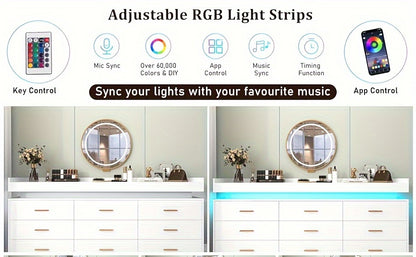 9 Drawer Dresser With LED Light, Modern Chest Of Drawers For Closet, Wide Drawer Organizer Cabinet For Bedroom, Living Room, Entryway, Hallway (9 Drawer White) Black