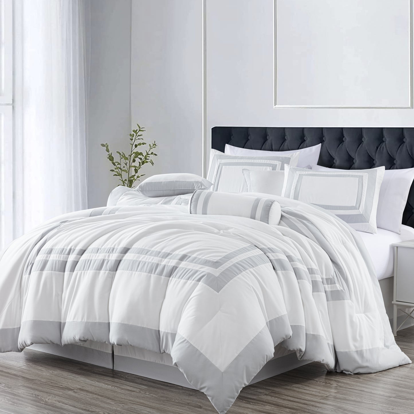 Caprice 7-Piece Modern Hotel Style Square Pattern Comforter Set with Decorative Pillows, Cal King/King/Queen/Full Size