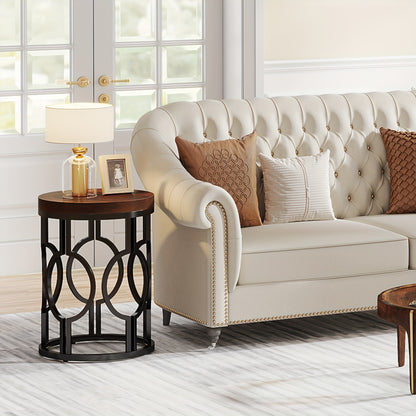 LITTLE TREE Round End Table, Industrial SideTable with Metal Hollow Frame, Small Bedside Table Nightstand for Living Room, Bedroom, Easy Assembly (Rustic Brown)