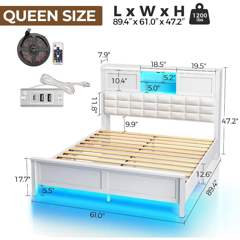 Greenstell Bed Frame Twin/Full/Queen Size with Charging Station, Bookcase Headboard Bed with LED Light and Sliding Doors, Platform Bed with Wooden Slats, No Box Spring Needed, Noise Free