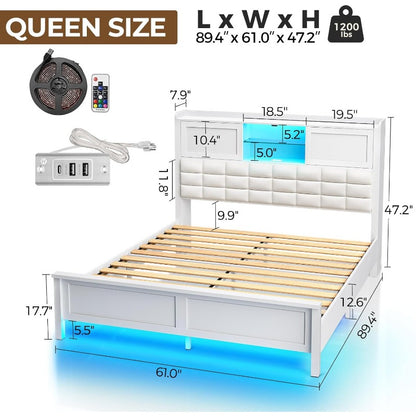 Greenstell Bed Frame Twin/Full/Queen Size with Charging Station, Bookcase Headboard Bed with LED Light and Sliding Doors, Platform Bed with Wooden Slats, No Box Spring Needed, Noise Free