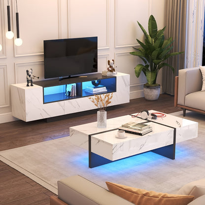 47" Rectangular Coffee Table With LED Light And Storage Drawers, Modern High Gloss Coffee Tables For Living Room