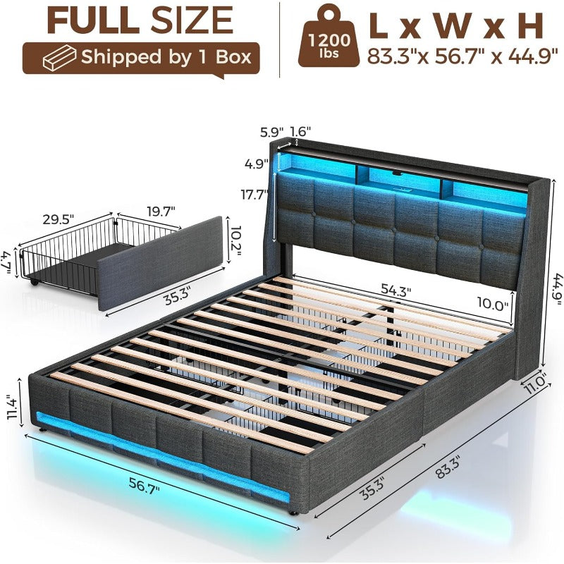 Twin Full Queen Bed Frame with LED Lighting, Built-in Charging Station, have RemotePU Leather/neutral-toned linen fabric Storage Headboard & Drawers,Heavy Duty Wood Slats, Quick & Easy Assembly - Perfect for Bedroom Furniture