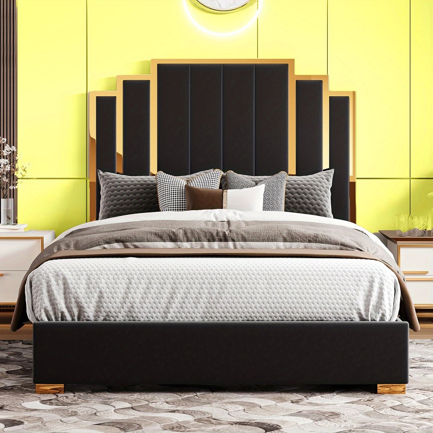 Papajet Golden Trimmed Upholstered Bed Frame with 61-Inch Headboard - Modern Platform Style