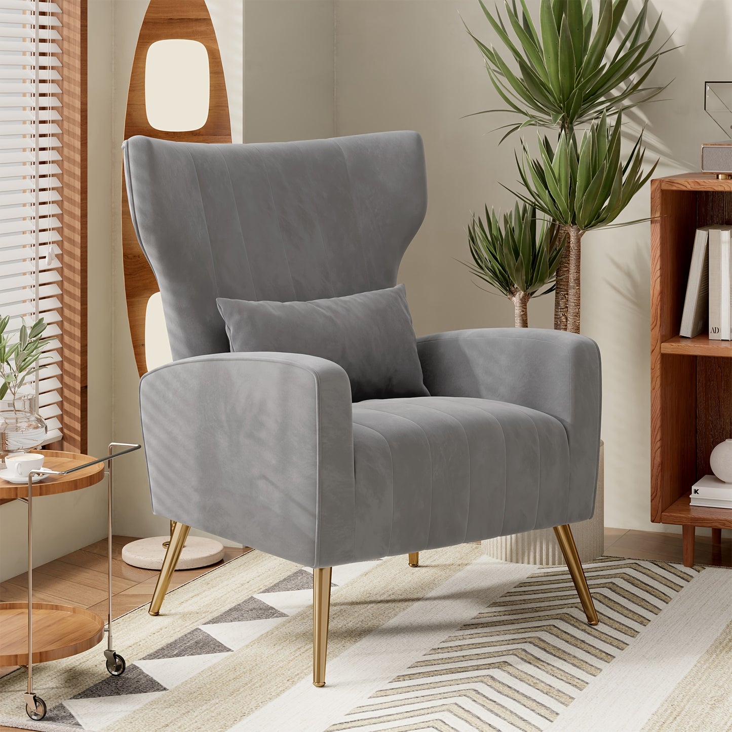 Modern Velvet Accent Chair with Metal Legs and Head Support – Cozy Mid-Century Reading Armchair, Includes Cushion and Footrest, Available in Gray/Yellow/Black