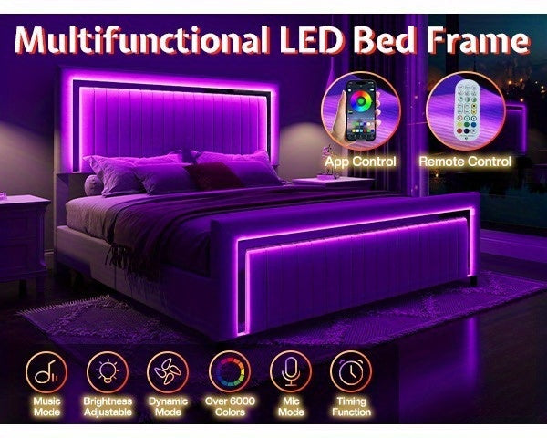 Queen/King Upholstered Platform Bed with LED Lights - 4 Storage Drawers& Adjustable Channeled Headboard, No Box Spring