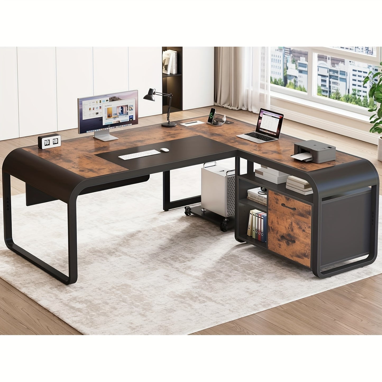 Modern 63" L-Shaped Executive Desk with Mobile CPU Stand, File Cabinet & Drawers - Spacious Gray Metal Office Desk for Home, Workspace Storage & Charging Station, Adjustable Height, Minimalist Design, Workspace Furniture | Mo