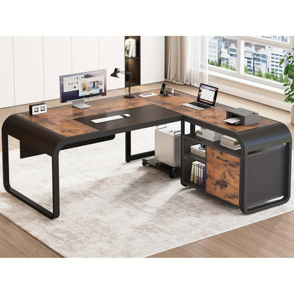 Modern 63" L-Shaped Executive Desk with Mobile CPU Stand, File Cabinet & Drawers - Spacious Gray Metal Office Desk for Home, Workspace Storage & Charging Station, Adjustable Height, Minimalist Design, Workspace Furniture | Mo