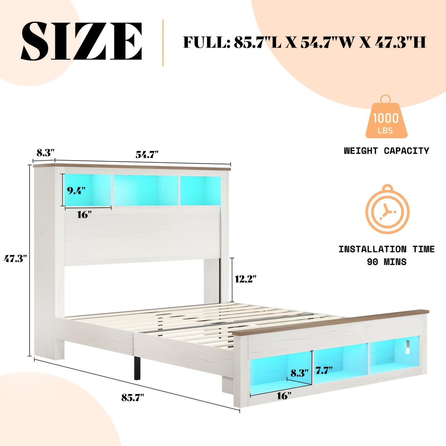Platform Bed in Farmhouse Style Featuring a Storage Headboard And Footboard, Integrated LED Lighting, And a Charging Station - Does Not Need a Box Spring.