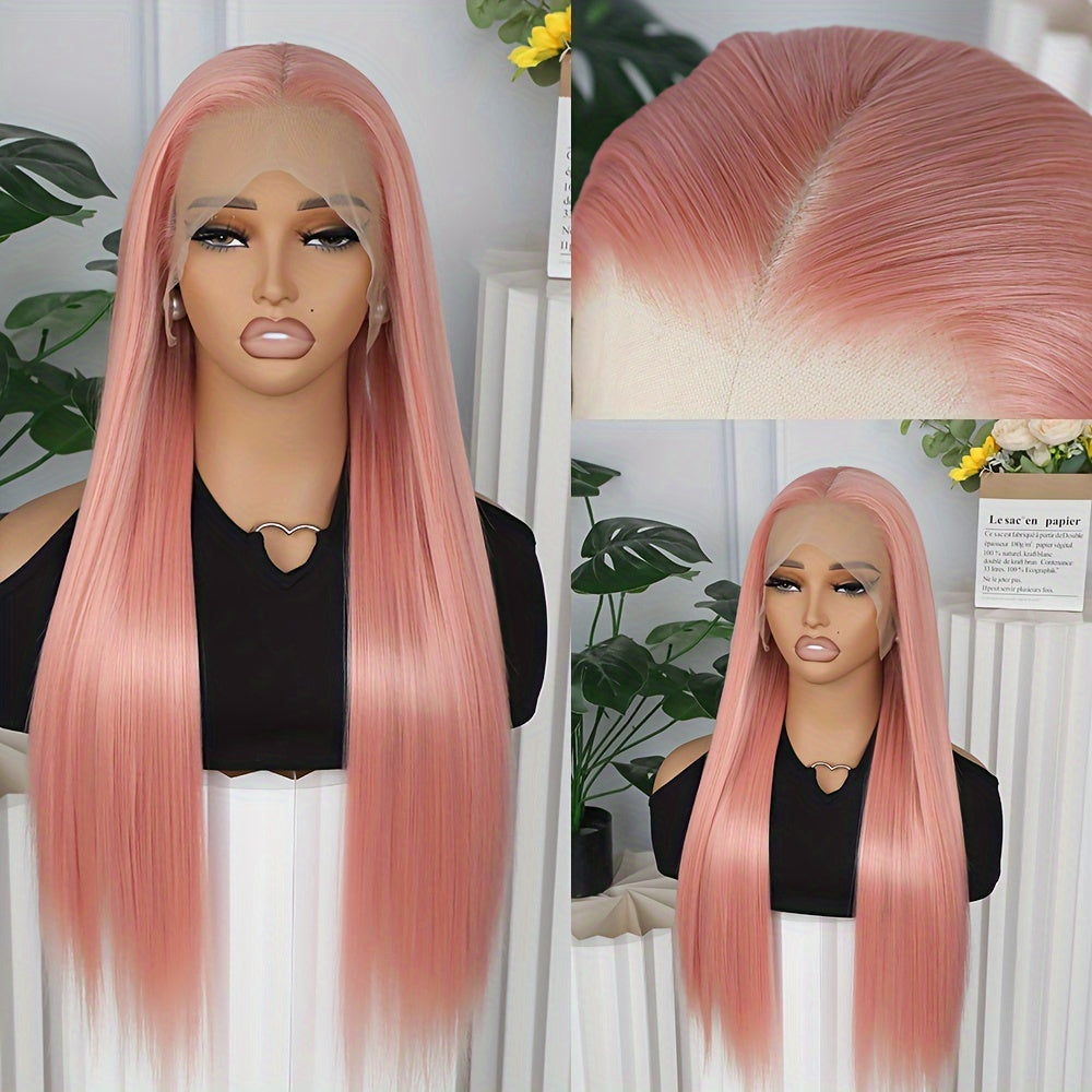 13x4 Free Part Synthetic Lace Front Wigs 26 Inches Long Straight Pink Color Hair Glueless Frontal Lace Replacement Wigs Heat Resistant Fiber Pink Colorful Wig for Fashion Women Girls Party Daily Wear