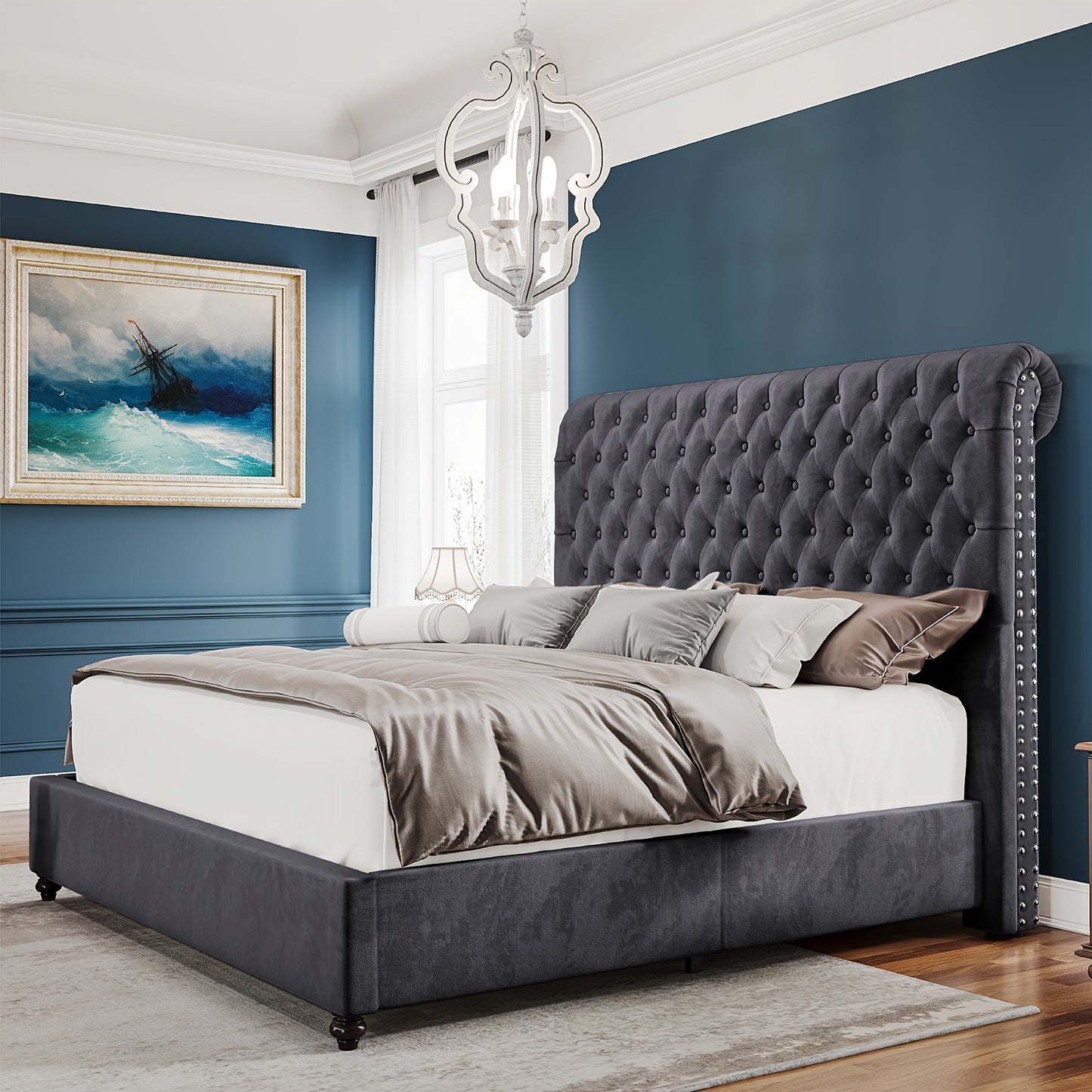 Papajet Fabric-Covered Sleigh Style Bed Frame with Diamond-Studded Headboard