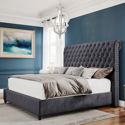 Papajet Fabric-Covered Sleigh Style Bed Frame with Diamond-Studded Headboard