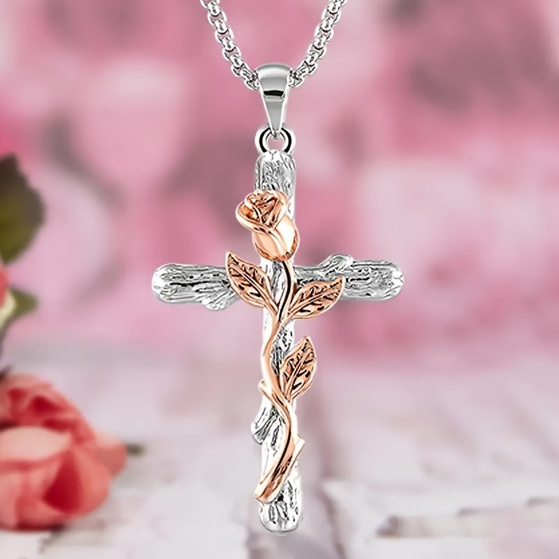 1pc Retro Cross With Rose Flower Pendant Necklace, Three Colors Options