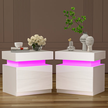 Nightstand with LED Lights, 3 Drawers and 1 Flapping Top Storage Box, White Night Stand for Bedroom, Modern Tall Bedside Table with High Gloss Panel, Glacier White, Darknight Black
