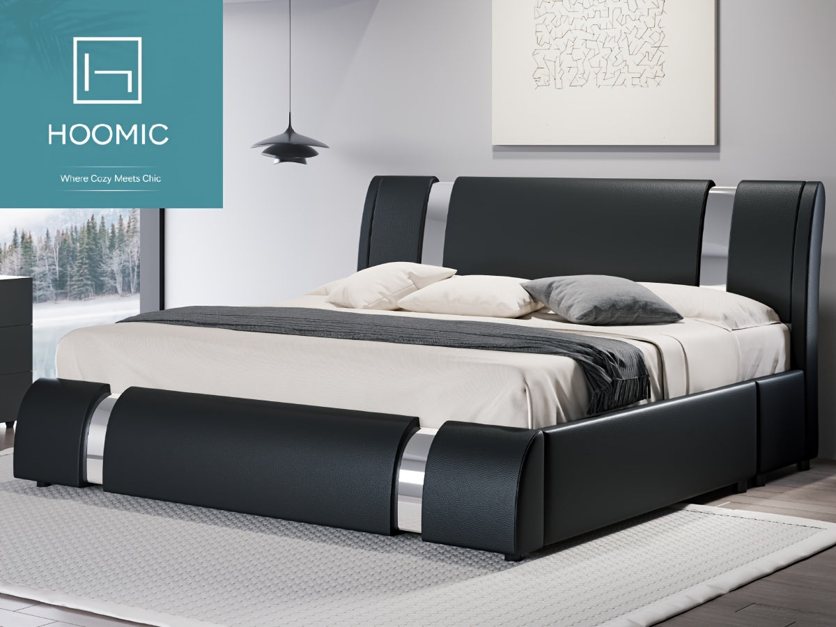 HOOMIC Modern Faux Leather Bed Frame With Iron Pieces Decor, Low Profile Platform Bed With Height-Adjustable Headboard, Solid Wood Slat Support, No Box Spring Needed